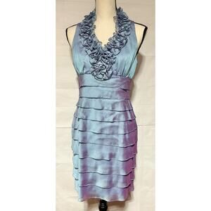 LONDON TIMES Sz 8 PETITE iridescent blue purple tiered ruffled sheath dress